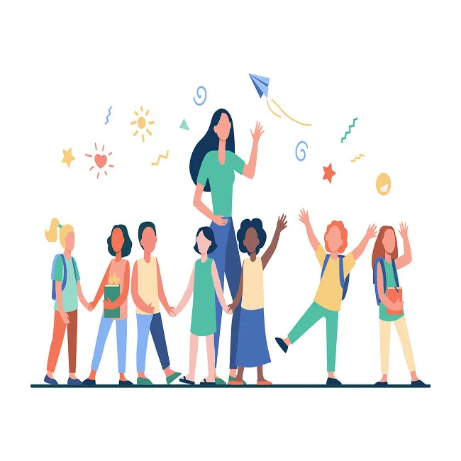 Ilustracja przedstawiająca kobiete i grupe dzieci.