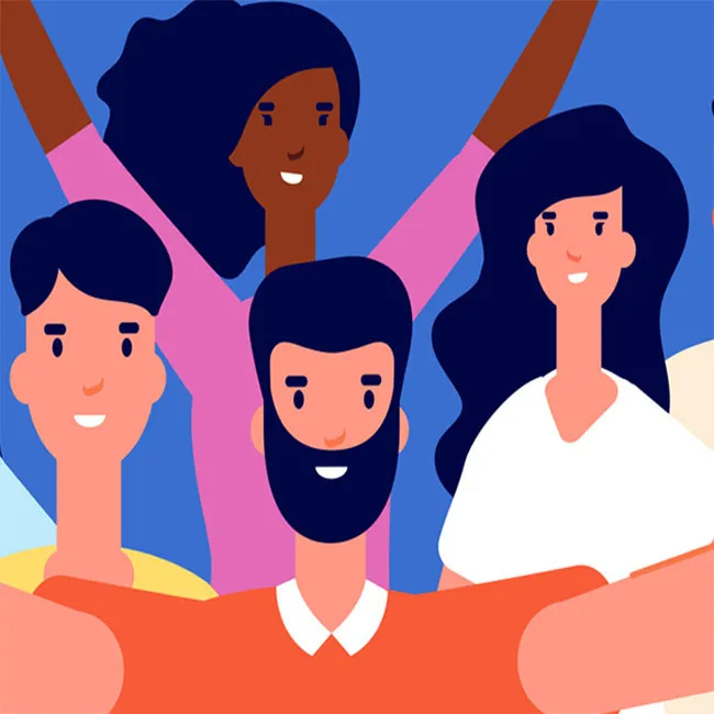 Ilustracja przedstawiająca kilka osób robiące sobie zdjęcie przednią kamerą.