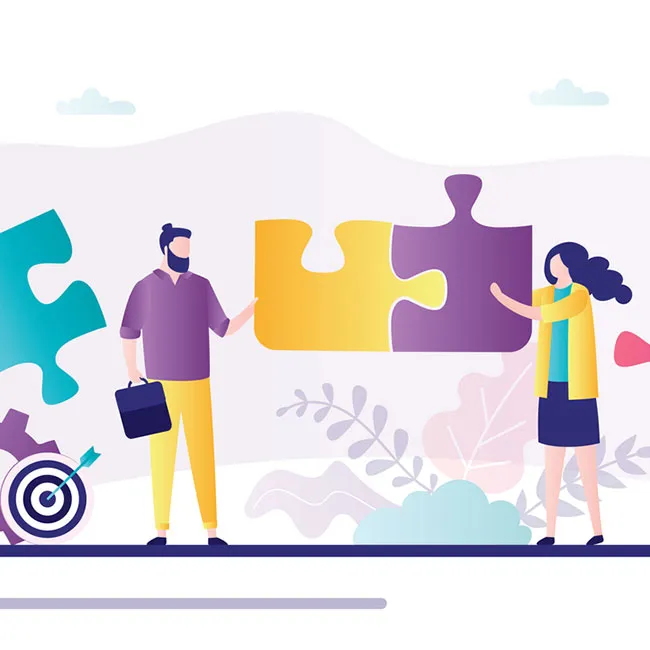 Ilustracja przedstawiająca mężczyzne i kobiete którzy układają puzzle na ścianie.