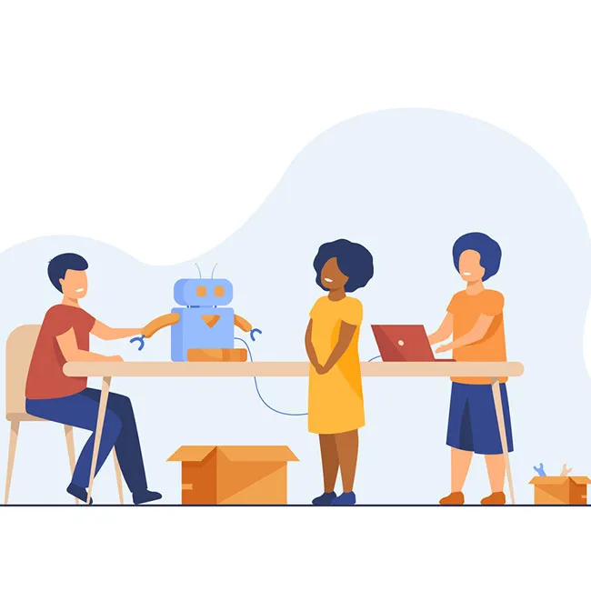 Ilustracja przedstawiająca młodzież programująca laptopa.