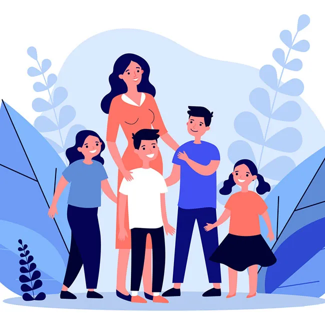 Ilustracja przedstawiająca kobiete z grupą dzieci.