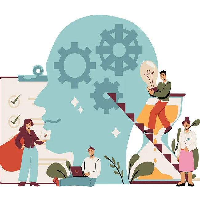 Ilustracja przedstawiająca grupę osób na tle ilustracji głowy.